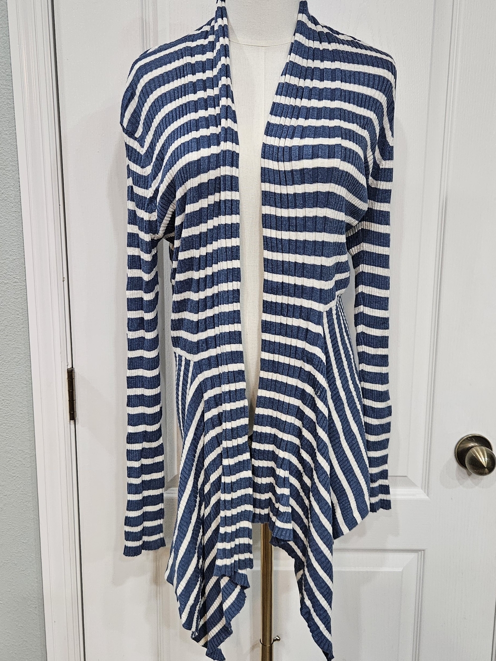 Style & Co. Navy and White Striped Open-Front Draped Cardigan